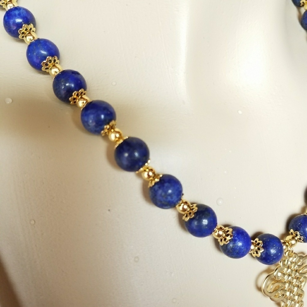 LAPIS & Golden Beaded Necklace & Earrings - Picture 6 of 7